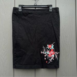 Y2K Lucky 13 Pencil Skirt Floral Skull Womens Medium Black With Slit Emo 2000s